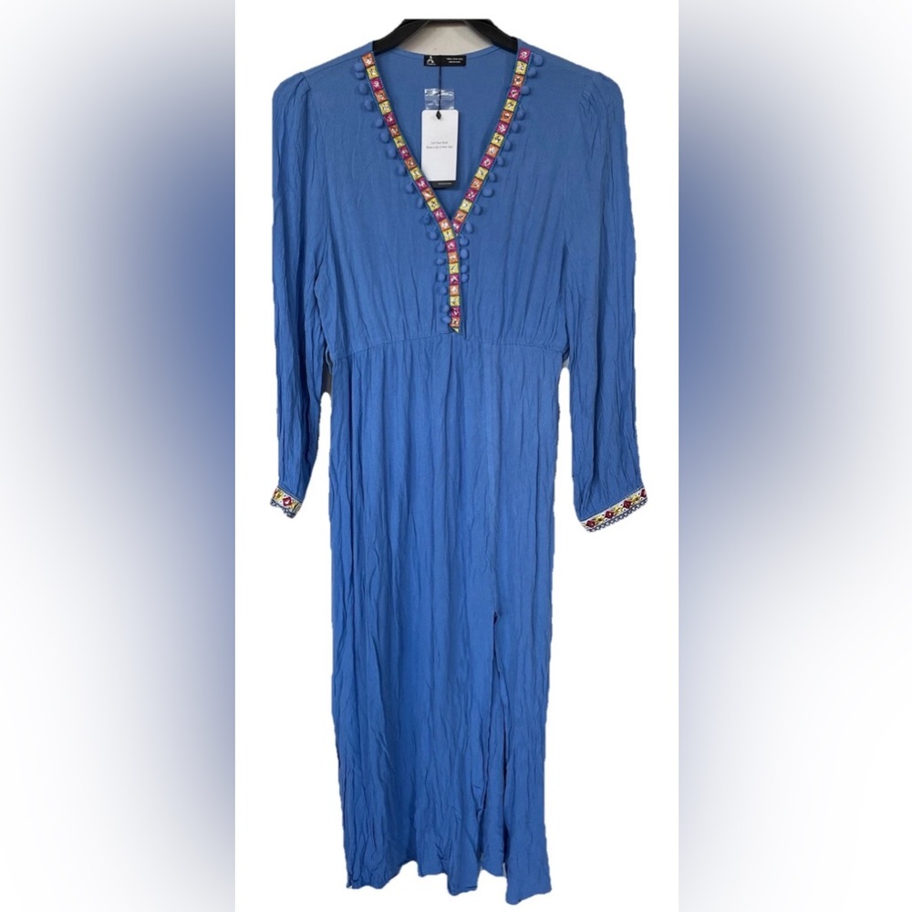 NWT Anewsta Women Bohemian Long Dress Long Sleeve Blue Size XL Vacation Beach